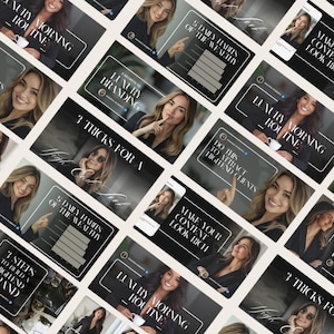 May include: A collection of social media graphics with a black and white aesthetic. Each graphic features a woman and text such as "Luxury Morning Routine", "3 Tricks for a High End Tribe", and "Make Your Content Look Rich".