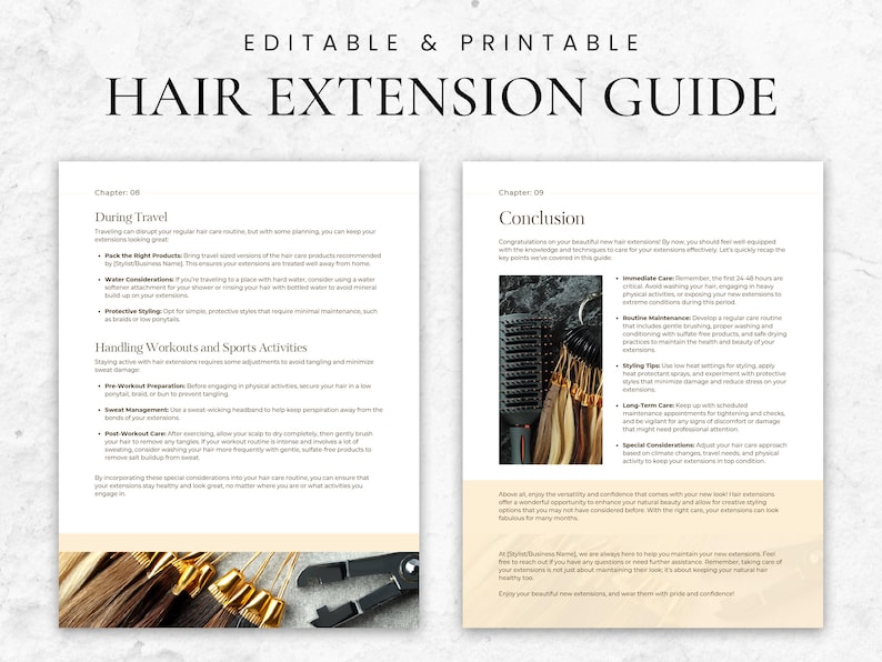 Pode incluir: Um guia de extens&atilde;o de cabelo imprim&iacute;vel com o t&iacute;tulo "Hair Extension Guide". O guia inclui se&ccedil;&otilde;es sobre viagens, exerc&iacute;cios e atividades esportivas. Ele tamb&eacute;m inclui uma se&ccedil;&atilde;o de conclus&atilde;o com dicas sobre o cuidado com extens&otilde;es de cabelo.