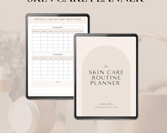 May include: Two digital tablets displaying a skincare routine planner. The top tablet shows a weekly skincare routine with spaces for product, brand, and daily entries. The second tablet displays "The Skin Care Routine Planner" with space for a name. The text "Skin Care Planner" is at the top.