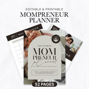 Może przedstawiać: Drukowany planer Mompreneur z jasnobeżową okładką z napisem "The Ultimate Mompreneur Planner". Obraz zawiera kobietę i dziecko oraz tekst "52 strony". Planer jest przeznaczony dla mam i przedsiębiorców.