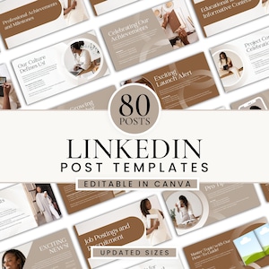 May include: A collection of LinkedIn post templates with a neutral color palette. The design includes various layouts with text such as "Professional Achievements," "Exciting Launch Alert," and "Job Postings." The image also displays "80 Posts" and "Editable in Canva."