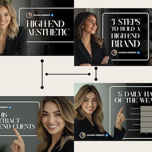 May include: A collage of images featuring a woman in a black blazer. Text overlays read "HIGH END AESTHETIC", "3 STEPS TO BUILD A HIGH END BRAND", "DO THIS TO ATTRACT HIGH END CLIENTS", and "5 DAILY HABITS OF THE WEALTHY".