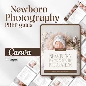 Könnte beinhalten: Ein digitaler Leitfaden zur Vorbereitung auf Neugeborenenfotografie. Das Cover zeigt ein schlafendes Baby mit weißer Mütze und einer flauschigen, beigefarbenen Decke. Der Leitfaden enthält den Text "Newborn Photography Prep Guide" und "Canva, 11 Pages."