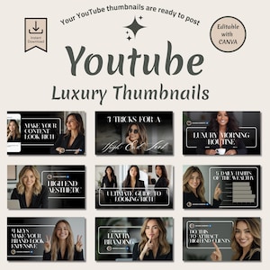 Luxury Youtube Thumbnails - 10 Black Aesthetic Templates, Editable Canva Thumbnails for YouTube Videos, Thumbnail Template, Digital Download image 1