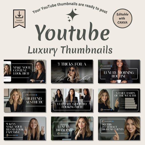 Luxury Youtube Thumbnails - 10 Black Aesthetic Templates, Editable Canva Thumbnails for YouTube Videos, Thumbnail Template, Digital Download