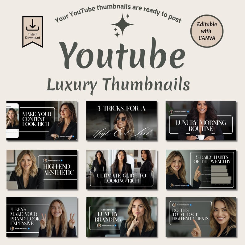 Luxury Youtube Thumbnails - 10 Black Aesthetic Templates, Editable Canva Thumbnails for YouTube Videos, Thumbnail Template, Digital Download image 1