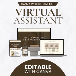 Può includere: Modello di sito web Canva per assistente virtuale. L'immagine mostra un computer desktop, un tablet, uno smartphone e un laptop che visualizzano un design di sito web. Il testo include "Virtual Assistant" e "Editable with Canva."