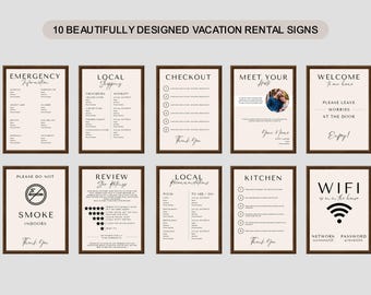 Pacote de Placas para Airbnb | Modelos Editáveis do Canva | Placas de Wi-Fi, Lista de Checkout, Informações de Emergência, Guia Local e muitas outras placas para Aluguel de Temporada