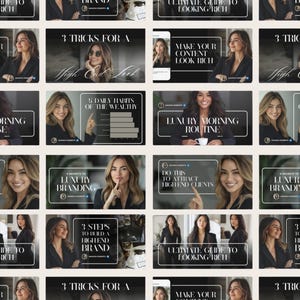 May include: A grid of images with text overlays. The text includes phrases like "Ultimate Guide to Looking Rich," "Make Your Content Look Rich," and "Luxury Morning Routine." The images feature a woman.