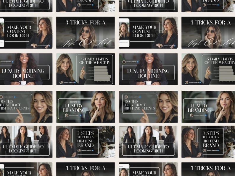 May include: A grid of images with text overlays. The text includes phrases like "Ultimate Guide to Looking Rich," "Make Your Content Look Rich," and "Luxury Morning Routine." The images feature a woman.