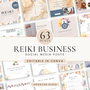 Op de afbeelding: Een verzameling Reiki social media posts met een zachte, aquarel esthetiek. De afbeelding toont verschillende sjablonen met tekst als "Reiki Business", "How to Raise Your Vibration" en "Why Try Reiki?" De posts zijn bewerkbaar in Canva.