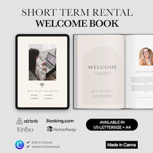 Puede incluir: Un libro de bienvenida digital para alquileres a corto plazo. El libro incluye una tableta con información de Wi-Fi y una página de bienvenida con el texto "Bienvenido". Disponible en tamaños US Letter y A4.
