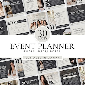 Op de afbeelding: Een verzameling van 30 social media posts voor evenementenplanners, bewerkbaar in Canva. De posts hebben een zwart-wit ontwerp met afbeeldingen en tekst, waaronder "7 Tips", "Event Planner Team" en "We Are Hiring!"