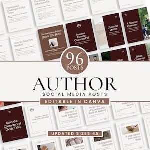 Könnte beinhalten: Eine Sammlung von Social-Media-Vorlagen für Autoren, mit Texten wie "Unexpected Challenges & Plot Twists" und "Meet the Characters of [Book Title]". Das Design zeigt ein zentrales Grafik-Element mit der Aufschrift "96 POSTS AUTHOR SOCIAL MEDIA POSTS EDITABLE IN CANVA".