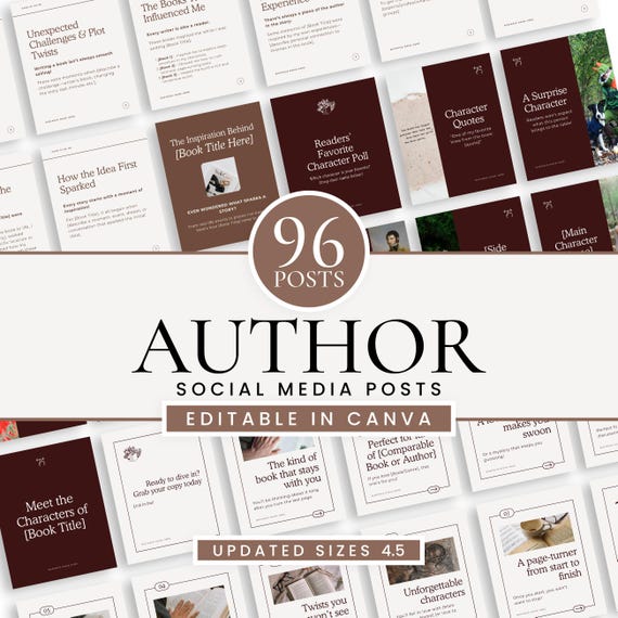 Author Social Media Canva Templates, Editable Instagram Facebook Templates for Writers, 96 Post Bundle for Book Promotion & Author Branding