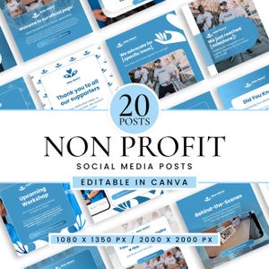 Puede incluir: Un conjunto de 20 publicaciones para redes sociales para una organización sin fines de lucro, con un tema azul y blanco. Las publicaciones incluyen texto como "¡Bienvenido a nuestra página oficial!" y "Gracias a todos nuestros seguidores."
