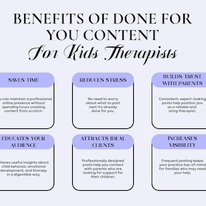 May include: A digital graphic titled Benefits of Done For You Content For Kids Therapists. It features six light purple boxes with black borders, each containing a heading and descriptive text about saving time, reducing stress, and building trust.