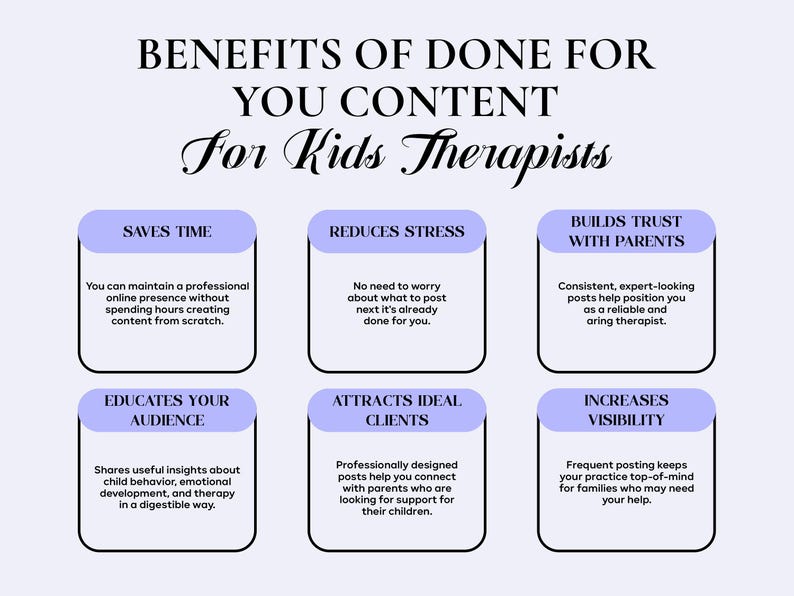 May include: A digital graphic titled Benefits of Done For You Content For Kids Therapists. It features six light purple boxes with black borders, each containing a heading and descriptive text about saving time, reducing stress, and building trust.