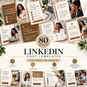 以下が含まれることがあります： ブラウンとクリームの色調でデザインされた、プロフェッショナルなLinkedIn投稿テンプレート80点セット。キャリアアップ、リーダーシップ、企業文化、生産性に関する様々なレイアウトが含まれており、Canvaで編集可能です。