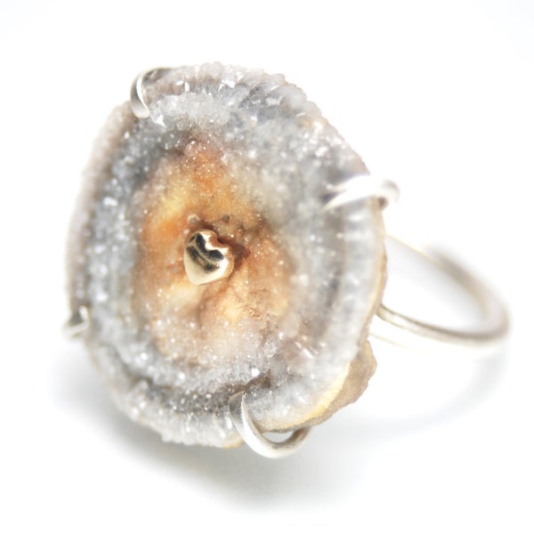 RESERVED for D- final payment- chalcedony drusy rosette ring, sterling silver and 14k. gold heart- Warms My Soul