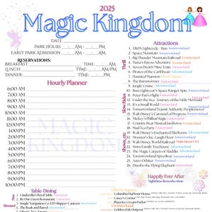 May include: A Magic Kingdom park map for 2025, featuring attractions, dining options, and a daily schedule. The map includes a list of rides, shows, and restaurants, with a purple and pink color scheme.