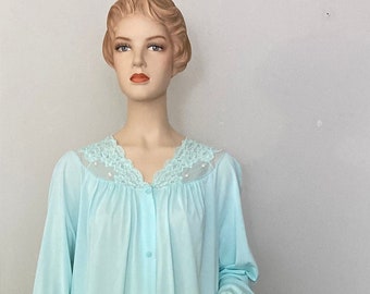 Blue Nylon and Lace Peignoir Robe, Light Baby Blue, size Medium, Sexy Summer Robe