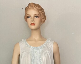 70s Babydoll slip dress! Vintage Powder Blue with Blue lace accents. Sz Medium - Shadowline