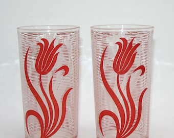 Vintage 1940s Red & White Tulip Glasses - Juice Glasses
