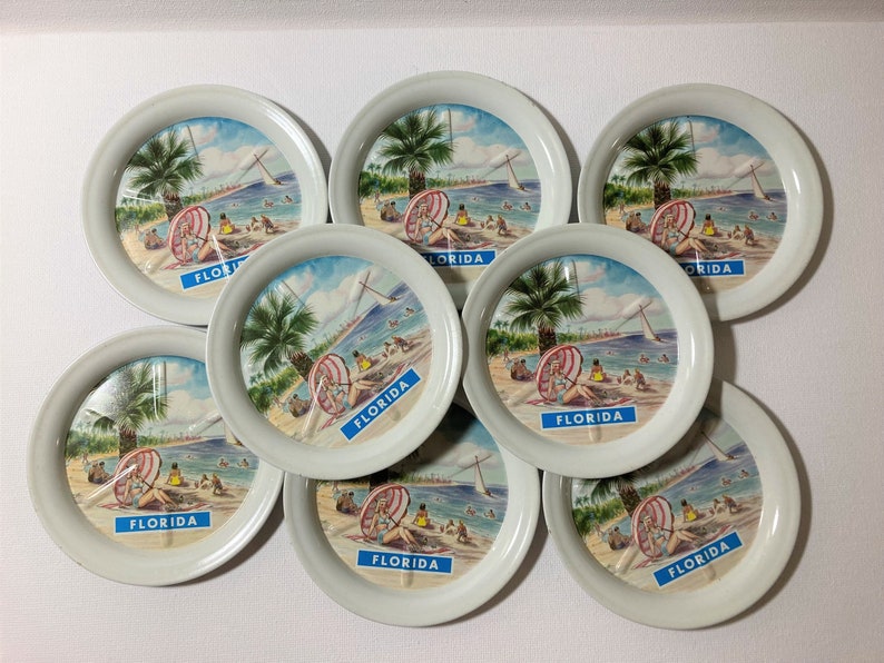 Florida Souvenir Coasters Set of 8 Metal Coasters PinUp Girl and Palm Trees image 1