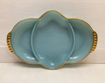 Vtg Atomic Fire King Delphite Blue W/ Gold Beaded Rim Divided Relish Dish