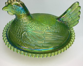 Iridescent Emerald Green Carnival Glass Hen On Nest 7"