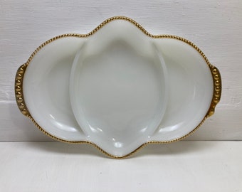 Vtg 1950s Fire King White Opaline with Gold Trim Art Deco Divided Relish Dish Oven Ware  Glass Collectible Home Decor Gift Idea