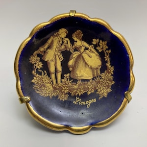 Vintage Miniture Limoges plate | Porcelain plate in brass display stand | Limoges France