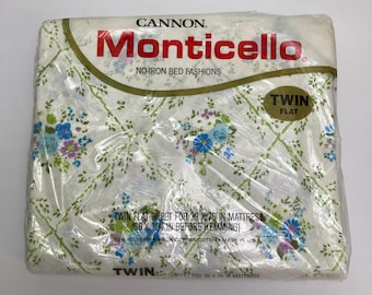 Vintage Cannon Monticello Sheet |  Blue's and Lavender Floral Twin Flat Sheet New in Original Packaging