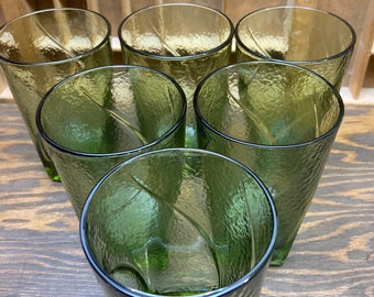 Hazel Atlas Pebblestone Green Tumblers | MCM Textured Glasses | 6 pcs