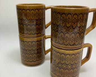 Vintage Royal Sealy Coffee Cups: Brown & Black Floral Design, Made in Japan