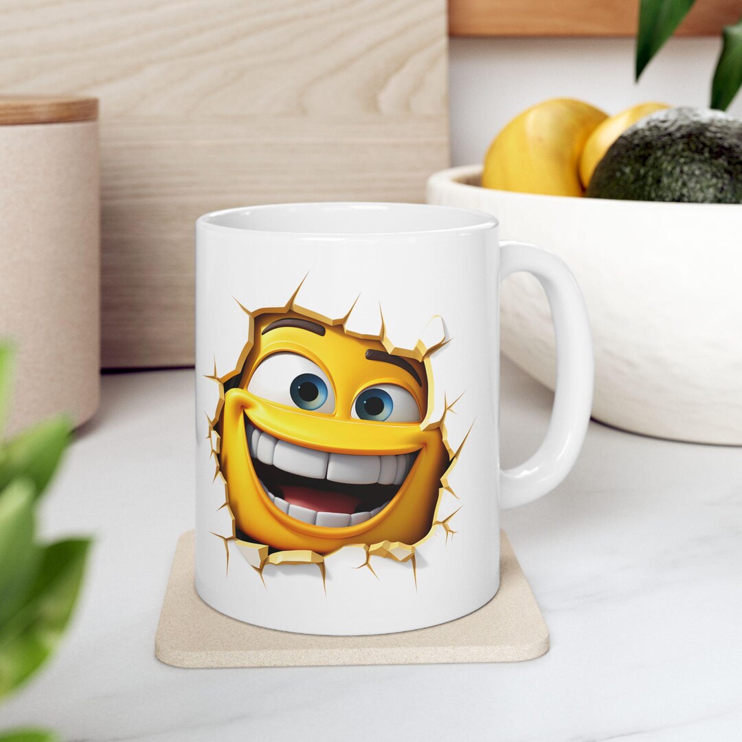 Cheerful Goofy Emoji Smile More Ceramic Mug, Fun Coffee Cup, Gift