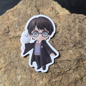 May include: A sticker featuring a cartoon depiction of a character with black hair, glasses, and a black robe, holding a white owl. The character is wearing a blue sweater and a red tie. The sticker is on a brown, textured surface.