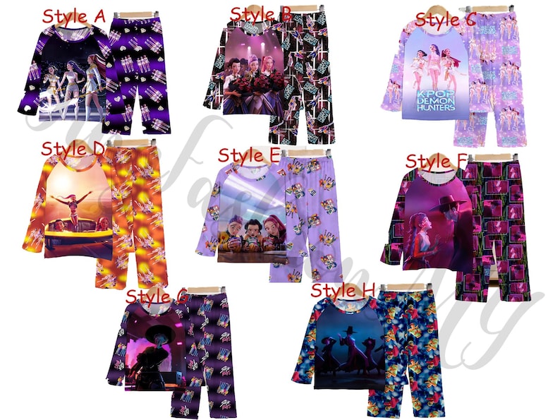 May include: Collection of pajama sets, each featuring a long-sleeved top and matching pants. Styles vary with different graphic designs, including images of people, and the text "KPOP DEMON HUNTERS". Colors include purple, orange, and blue.