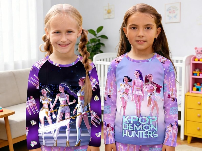 May include: Two young girls wearing matching purple long-sleeved pajama tops and bottoms. The tops feature a graphic of anime-style characters. One shirt says "K-Pop Demon Hunters". The pajamas are a fun and colorful choice for kids.