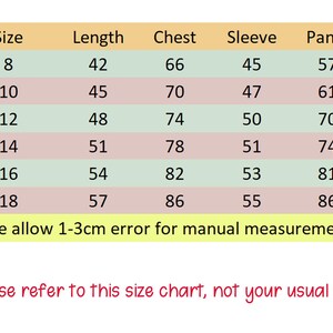 May include: Size chart with measurements for clothing, including length, chest, sleeve, and pants dimensions in inches and centimeters. The chart includes sizes 8 through 18, with a note to allow for a 1-3cm error and to refer to the chart, not usual size.