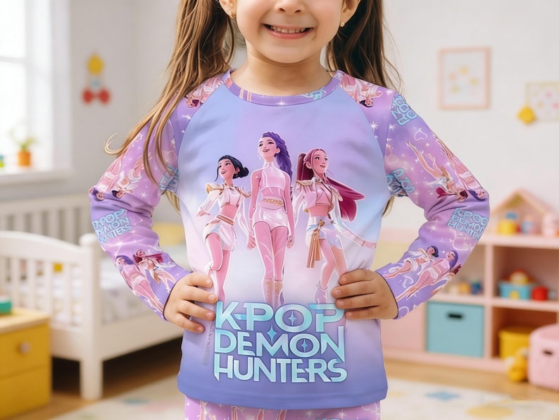 May include: A long-sleeved purple shirt with a graphic of three animated figures. The shirt features the text "K-POP DEMON HUNTERS" in a blue and white font. The sleeves have a repeating pattern of the animated figures. The shirt is worn by a child.