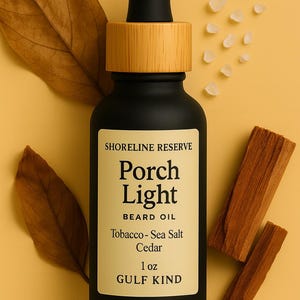 May include: A black glass bottle of beard oil with a wooden cap and dropper. The label reads "Porch Light" and lists the scent as Tobacco-Sea Salt Cedar. The bottle is 1 oz. and is surrounded by dried leaves and cinnamon sticks.