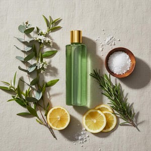 May include: A green liquid bottle with a gold cap is surrounded by fresh ingredients. Sliced lemons, rosemary sprigs, and a small wooden bowl of salt are arranged around the bottle. Eucalyptus branches with white flowers add a natural touch.
