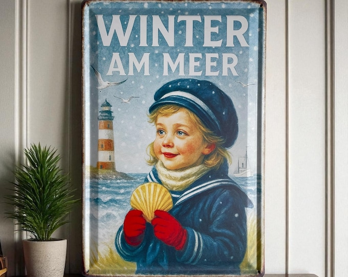 Featured listing image: Nostalgic metal sign "Winter by the Sea" – embossed vintage sign with child and lighthouse, 20 x 30 cm