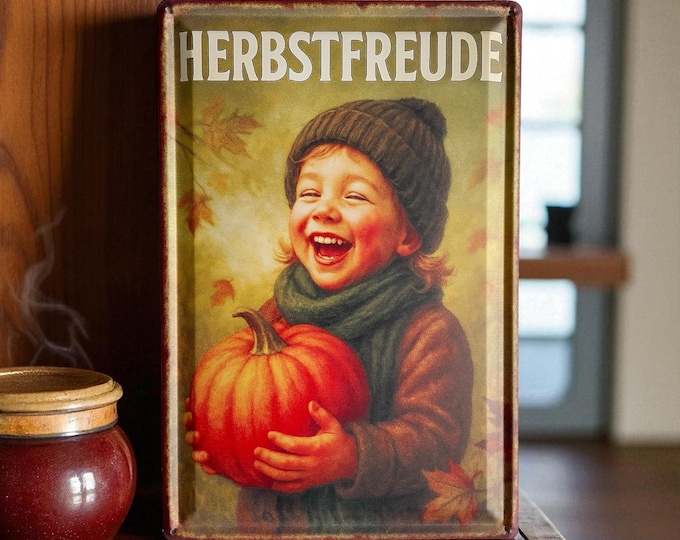 Featured listing image: Nostalgic metal sign "Autumn Joy" – embossed vintage sign with pumpkin, 20 x 30 cm