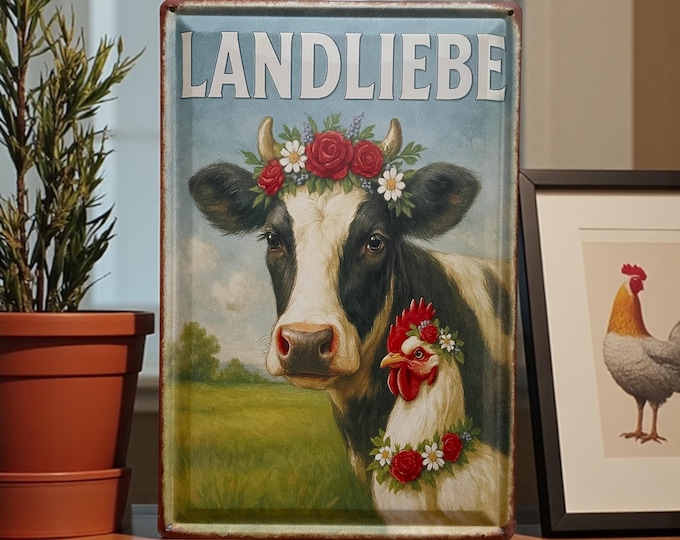 Featured listing image: Nostalgic metal sign “Landliebe” – embossed vintage sign with cow & chicken, 20 x 30 cm