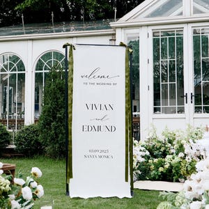 Custom Wedding Fabric Sign, Linen Welcome Banner, Modern Outdoor Wedding Decor, Personalized Ceremony Sign, Engagement Party Decoration