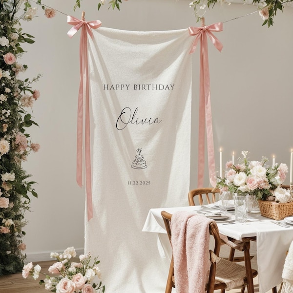 Linen Custom Birthday Banner, Personalized Fabric Backdrop, Boho Name Decor, Milestone Birthday Keepsake