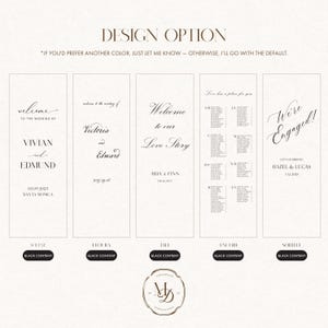 K&ouml;nnte beinhalten: Grafik mit Hochzeitsdesign-Optionen, einschlie&szlig;lich Beispielen f&uuml;r Schilder mit Text wie "Welcome to our Love Story" und "We're Engaged!" mit Namen und Daten. Der untere Teil der Grafik lautet "Black Content".